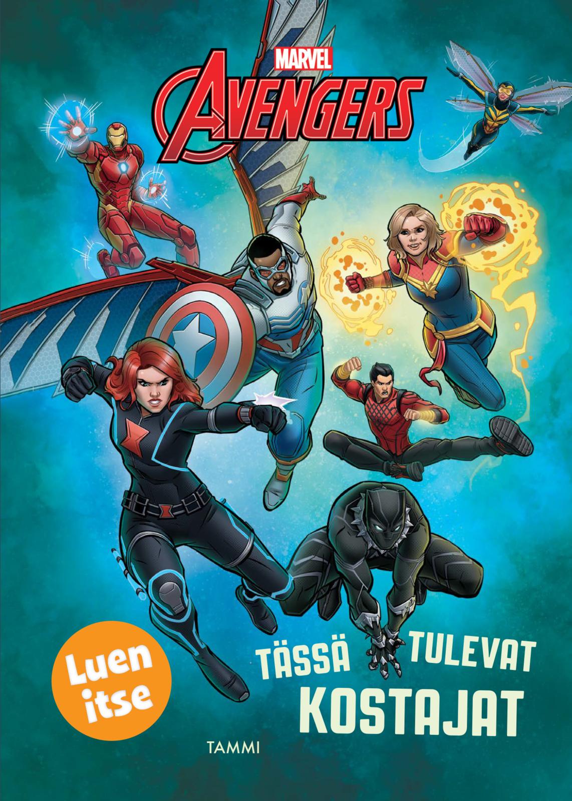 Etukansi. Marvel . Tässä tulevat Kostajat. Luen itse