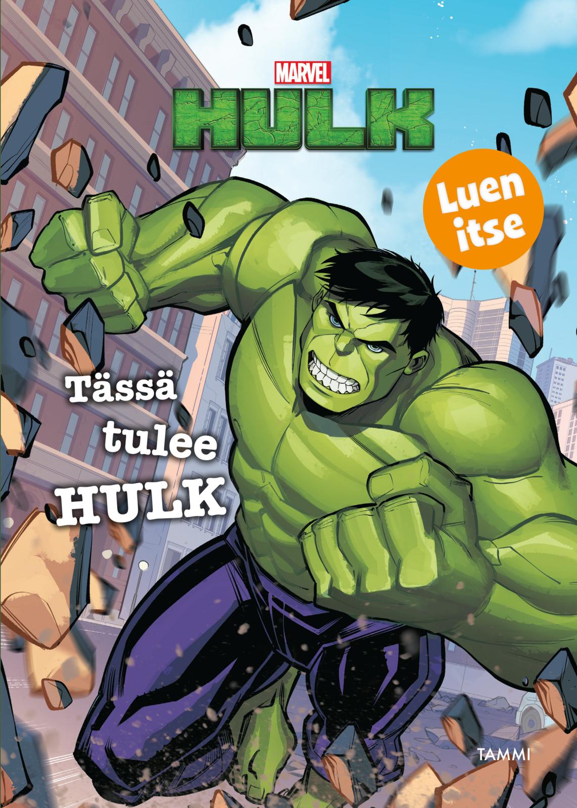 Etukansi. Marvel Marvel. Tässä tulee Hulk. Luen itse.