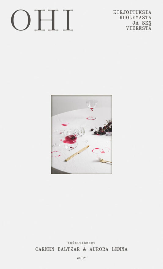 Etukansi. Iida Sofia Hirvonen. Niillas Holmberg. Maryan Abdulkarim. Teo Ala-Ruona. Saara Hannus. Warda Ahmed. Laura Eklund Nhaga. Ndéla Faye. Maija Butters. Olga Palo. Aurora Lemma. Carmen  Baltzar. Ohi - kirjoituksia kuolemasta ja sen vierestä.