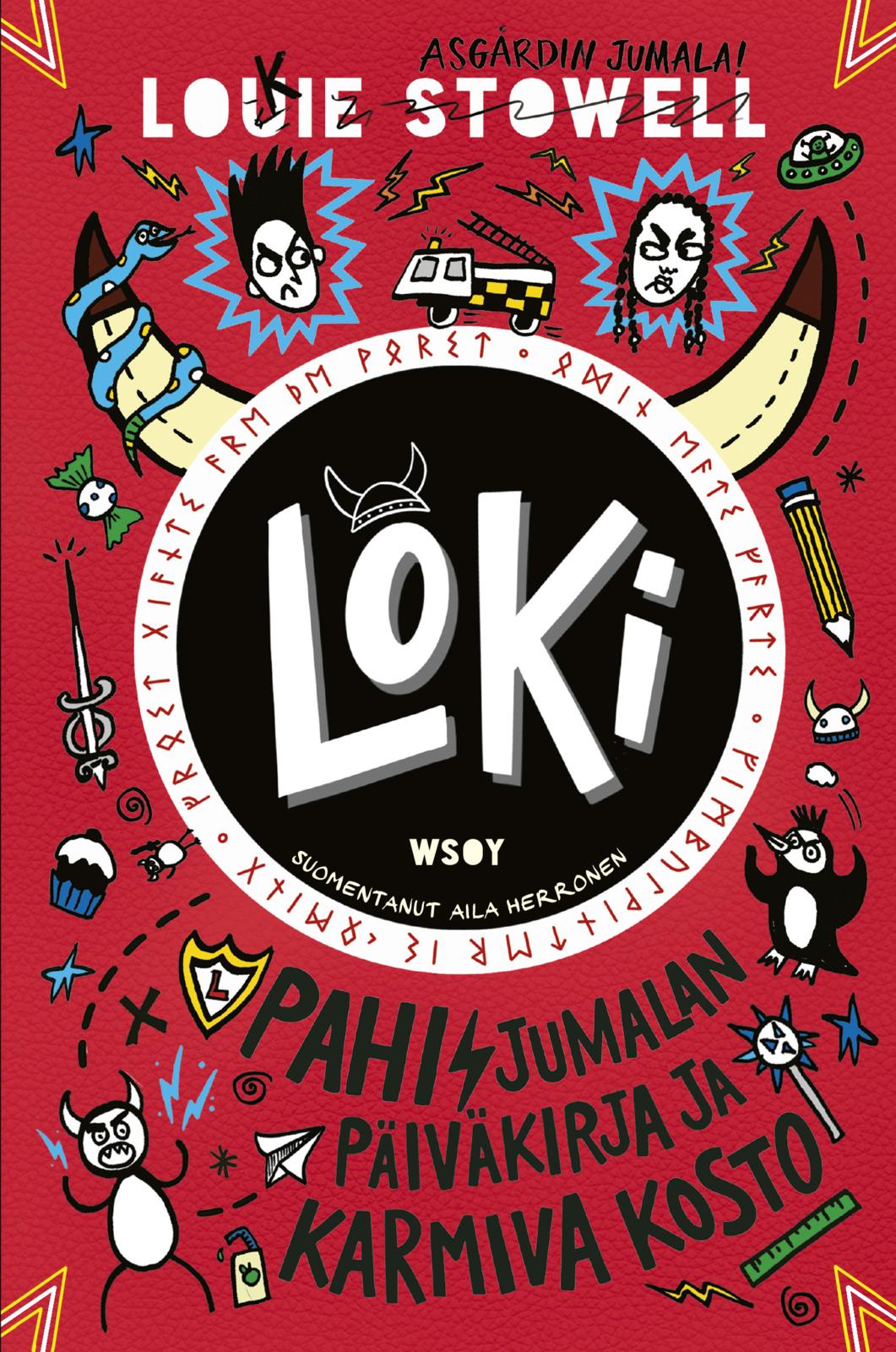 Etukansi. Louie Stowell LOKI: Pahisjumalan päiväkirja ja karmiva kosto