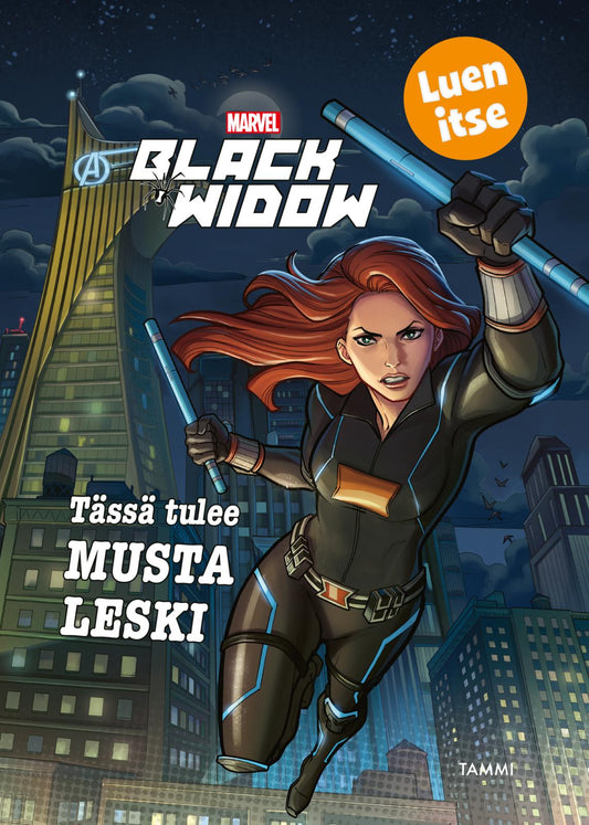 Etukansi. Marvel. Tässä tulee Musta Leski. Luen itse.