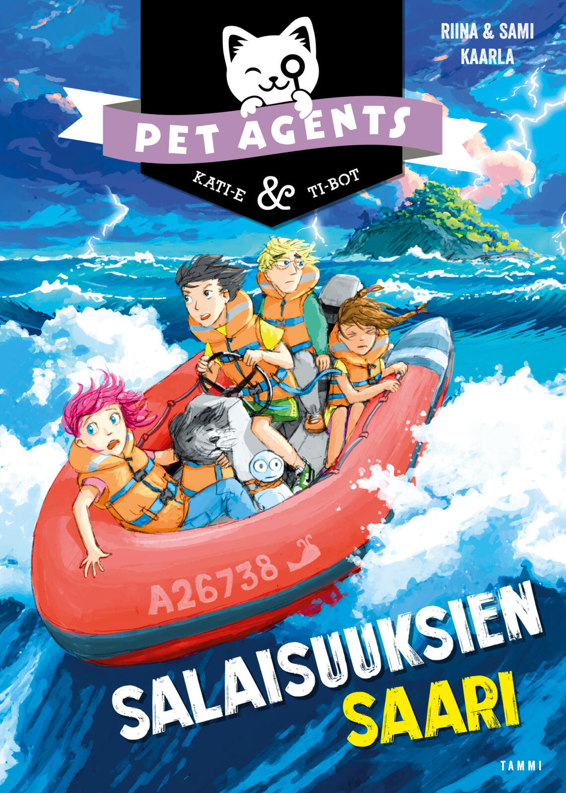 Etukansi. Riina ja Sami Kaarla Salaisuuksien saari. Pet Agents 12