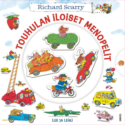 Etukansi. Richard Scarry. Touhulan iloiset menopelit. Lue ja leiki!.