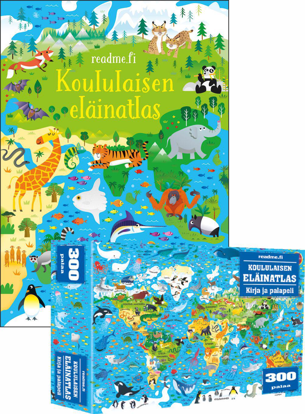 Etukansi. Usborne Publishing House Koululaisen eläinatlas - Kirja ja palapeli